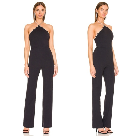 LOVERS + FRIENDS | Black Chloe Jumpsuit with Crystal Embellished Halter Neckline - Picture 1 of 15